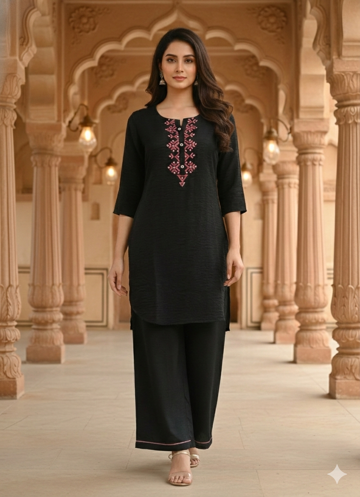 Black Geometric Embroidered Premium Co-ord Set – K4917