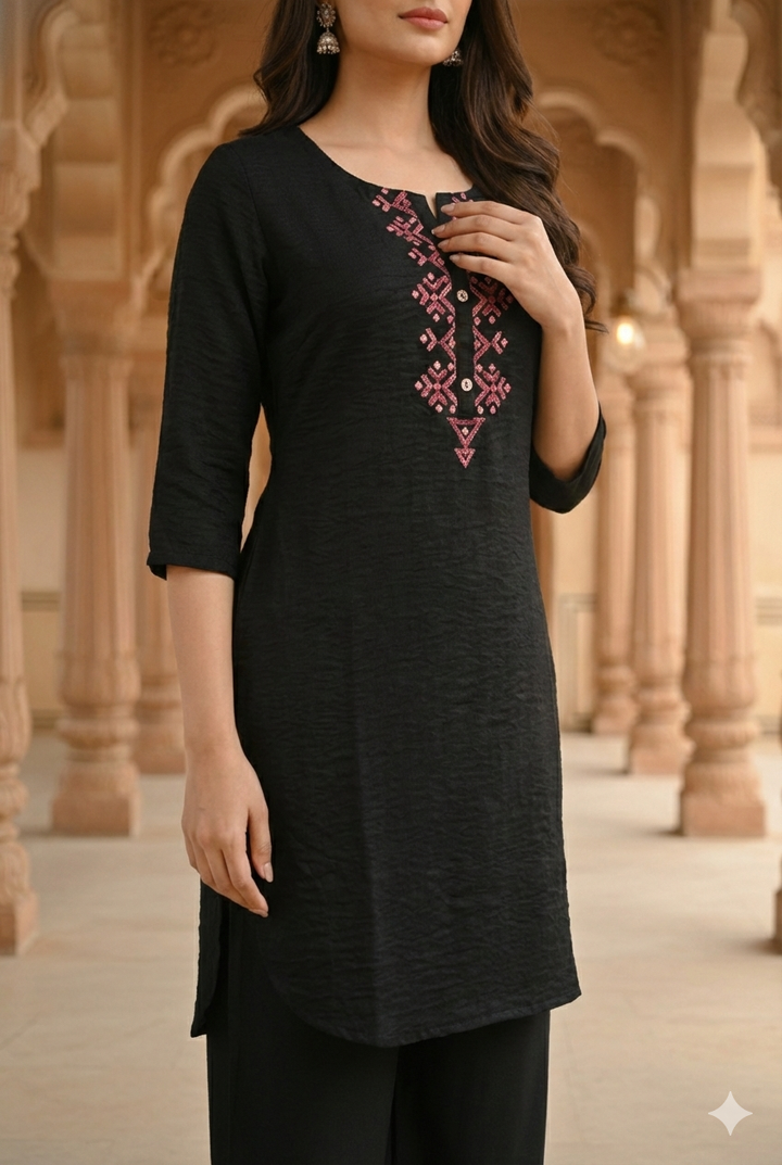 Black Geometric Embroidered Premium Co-ord Set – K4917