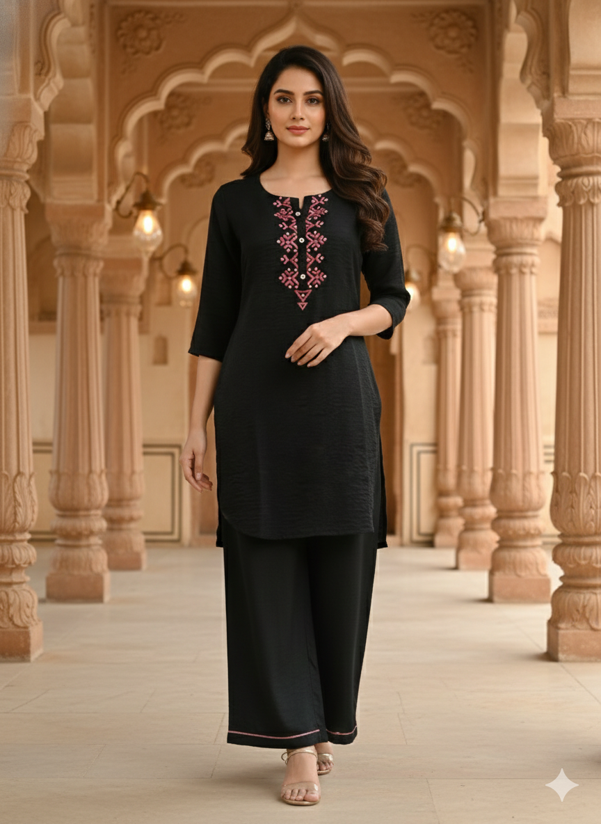 Black Geometric Embroidered Premium Co-ord Set – K4917