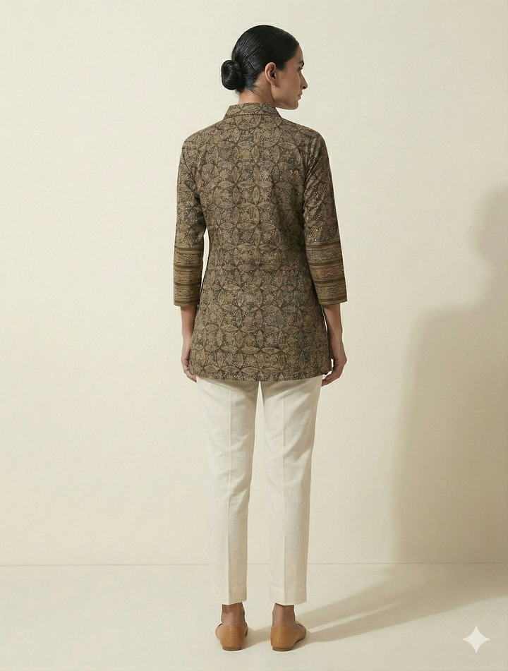 Coffee Umber Mandala-Orbit Cotton Short Tunic Shirt
