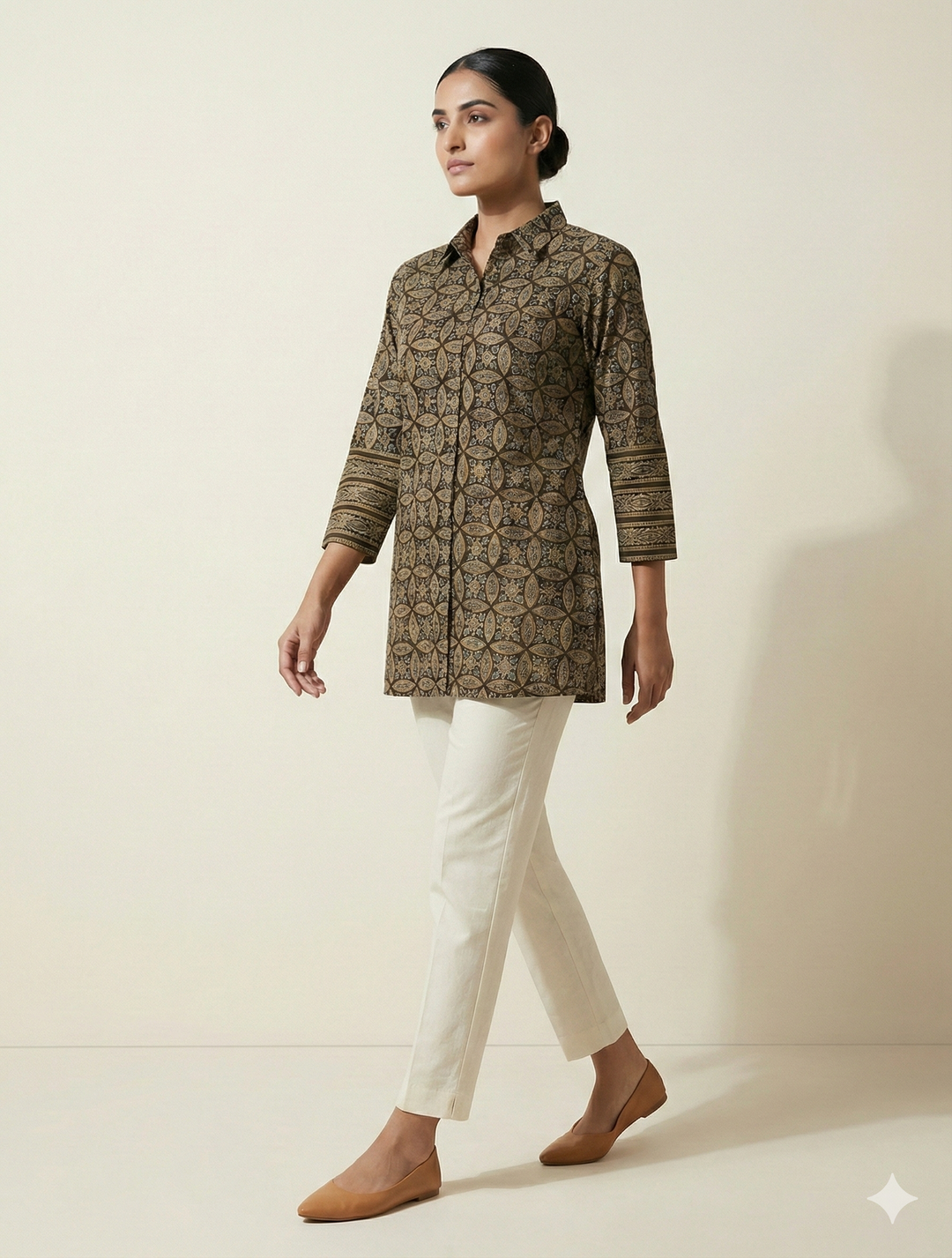Coffee Umber Mandala-Orbit Cotton Short Tunic Shirt