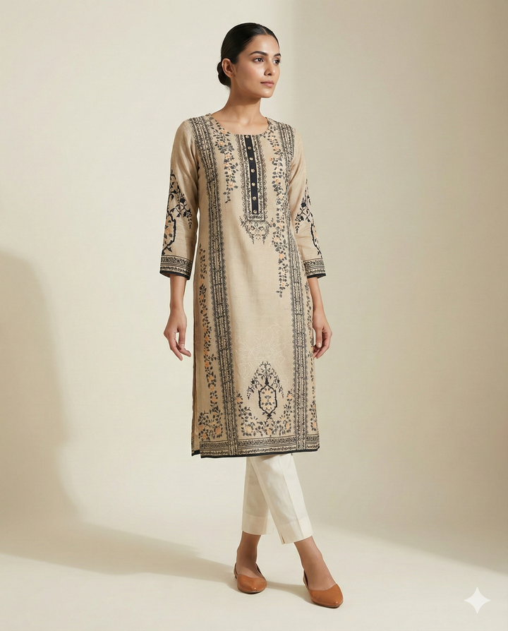 Elora Sand &amp; Onyx Botanical Print Straight-Cut Kurti