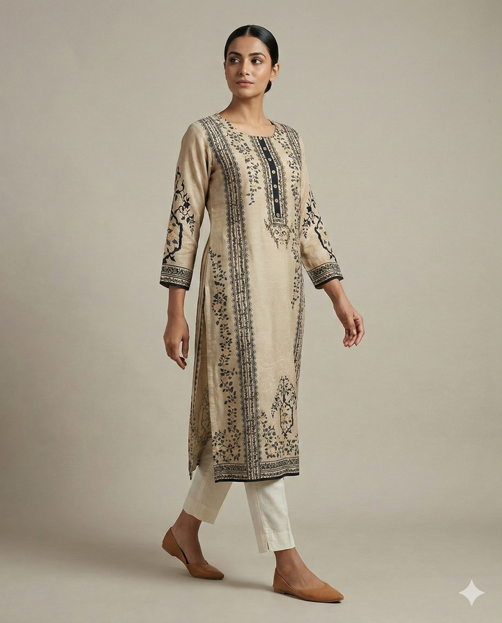 Elora Sand &amp; Onyx Botanical Print Straight-Cut Kurti