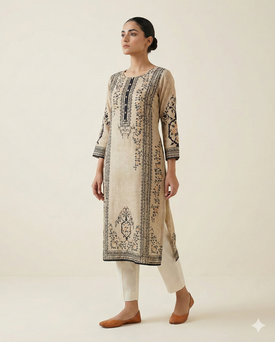 Elora Sand &amp; Onyx Botanical Print Straight-Cut Kurti