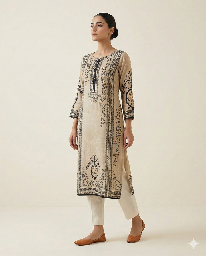 Elora Sand &amp; Onyx Botanical Print Straight-Cut Kurti