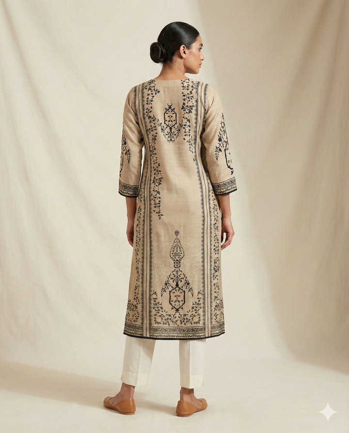 Elora Sand &amp; Onyx Botanical Print Straight-Cut Kurti