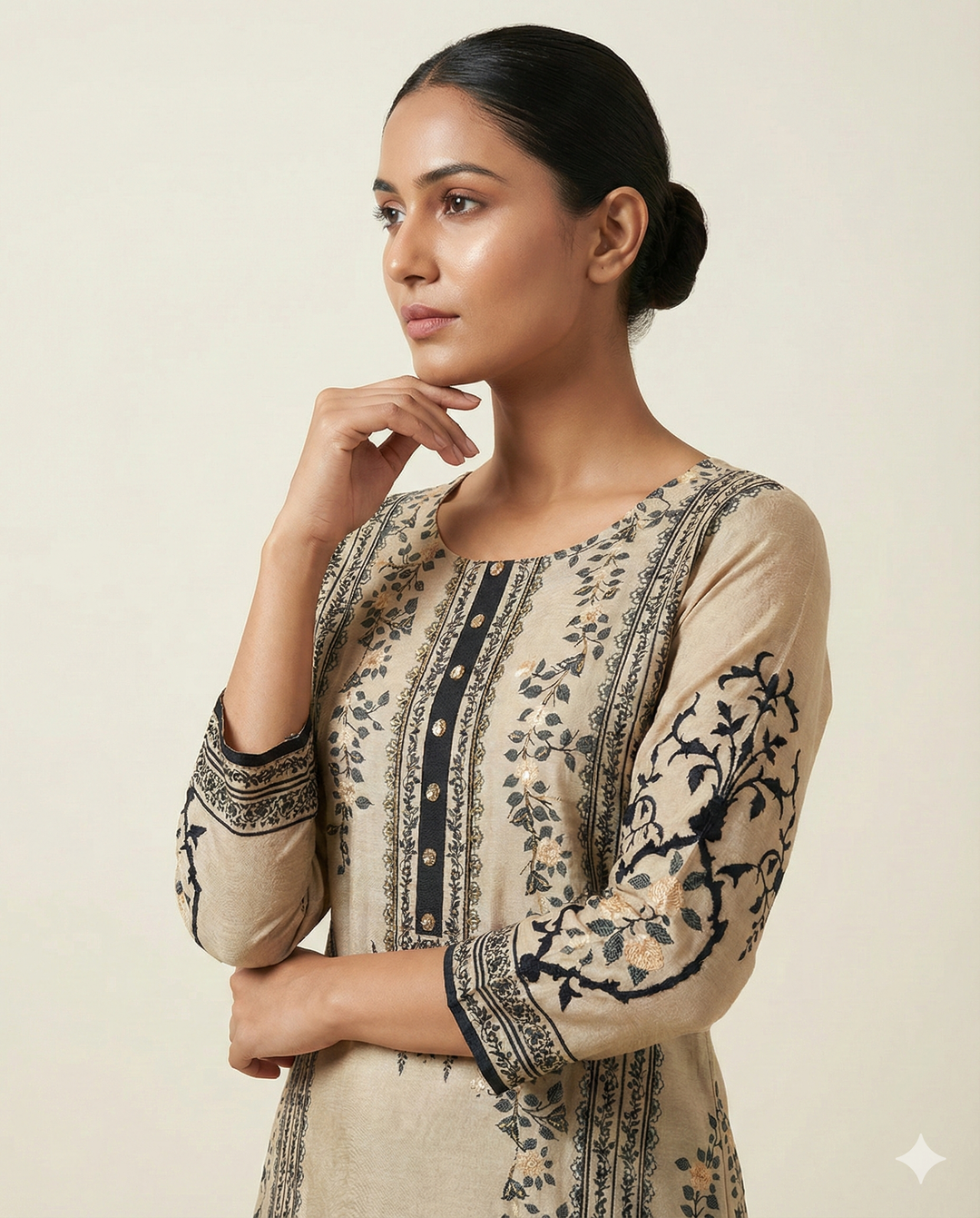 Elora Sand &amp; Onyx Botanical Print Straight-Cut Kurti