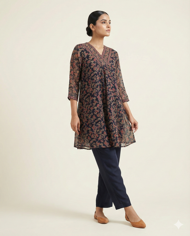 Navy Blue & Maroon Floral Printed Rayon V-Neck Tunic with Pant Set
