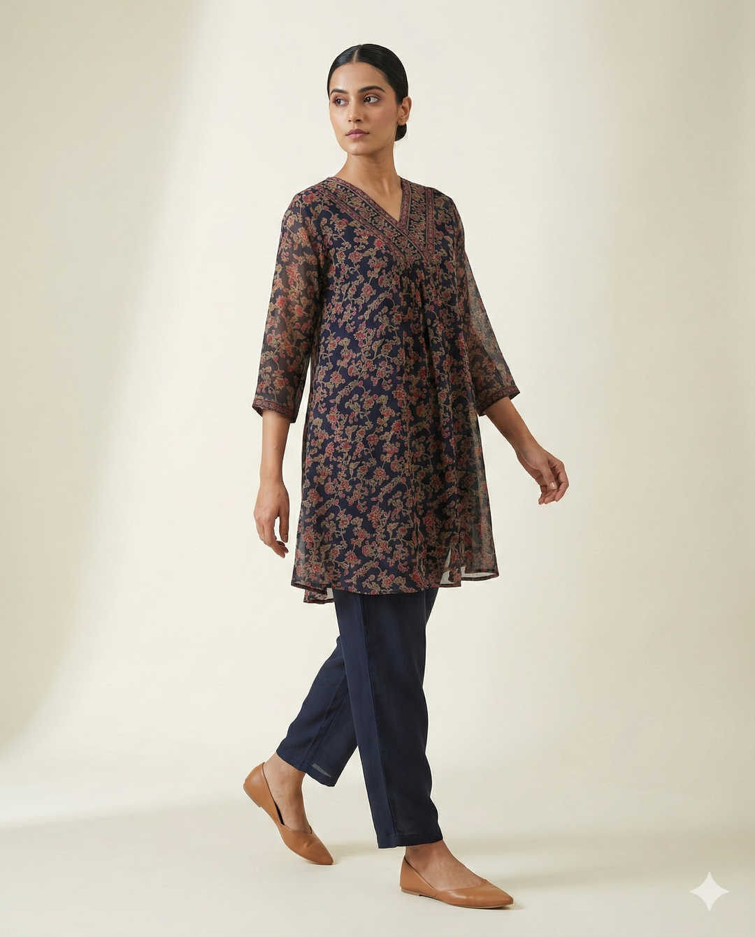 Navy Blue & Maroon Floral Printed Rayon V-Neck Tunic with Pant Set