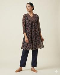 Navy Blue & Maroon Floral Printed Rayon V-Neck Tunic with Pant Set 1