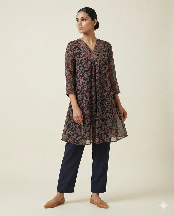 Navy Blue & Maroon Floral Printed Rayon V-Neck Tunic with Pant Set