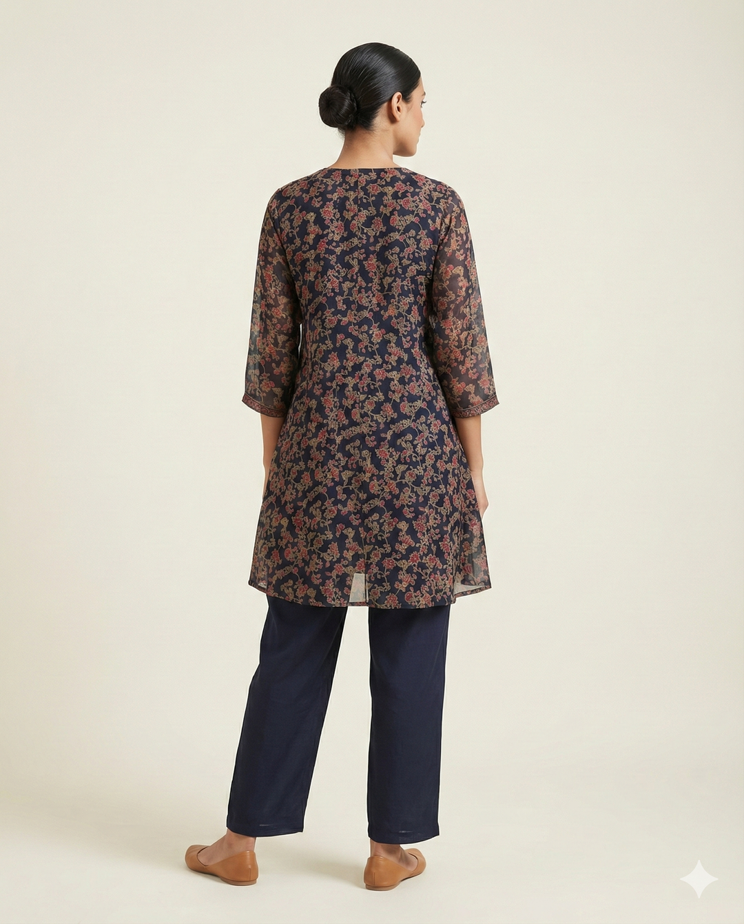 Navy Blue & Maroon Floral Printed Rayon V-Neck Tunic with Pant Set