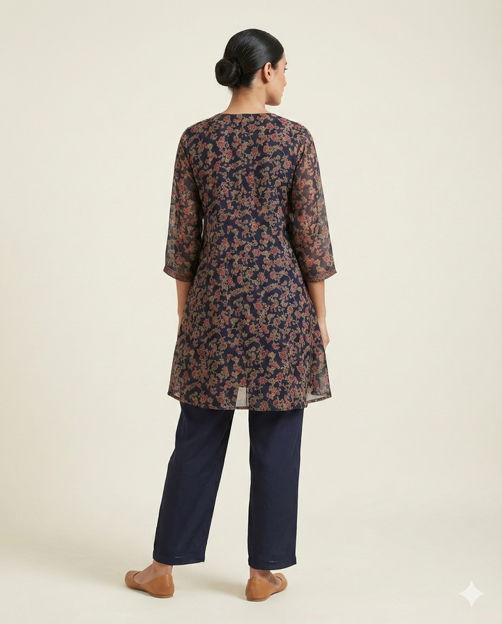 Navy Blue & Maroon Floral Printed Rayon V-Neck Tunic with Pant Set