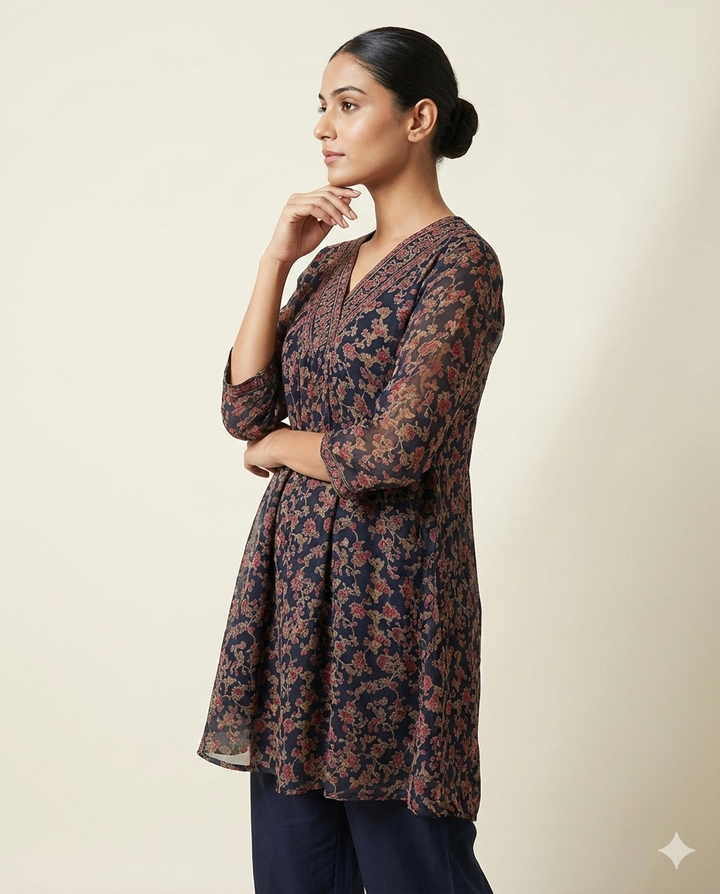 Navy Blue & Maroon Floral Printed Rayon V-Neck Tunic with Pant Set