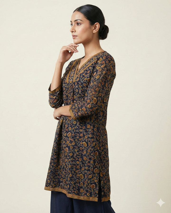 Navy Blue &amp; Ochre Floral Rayon V-Neck Tunic with Palazzo Set