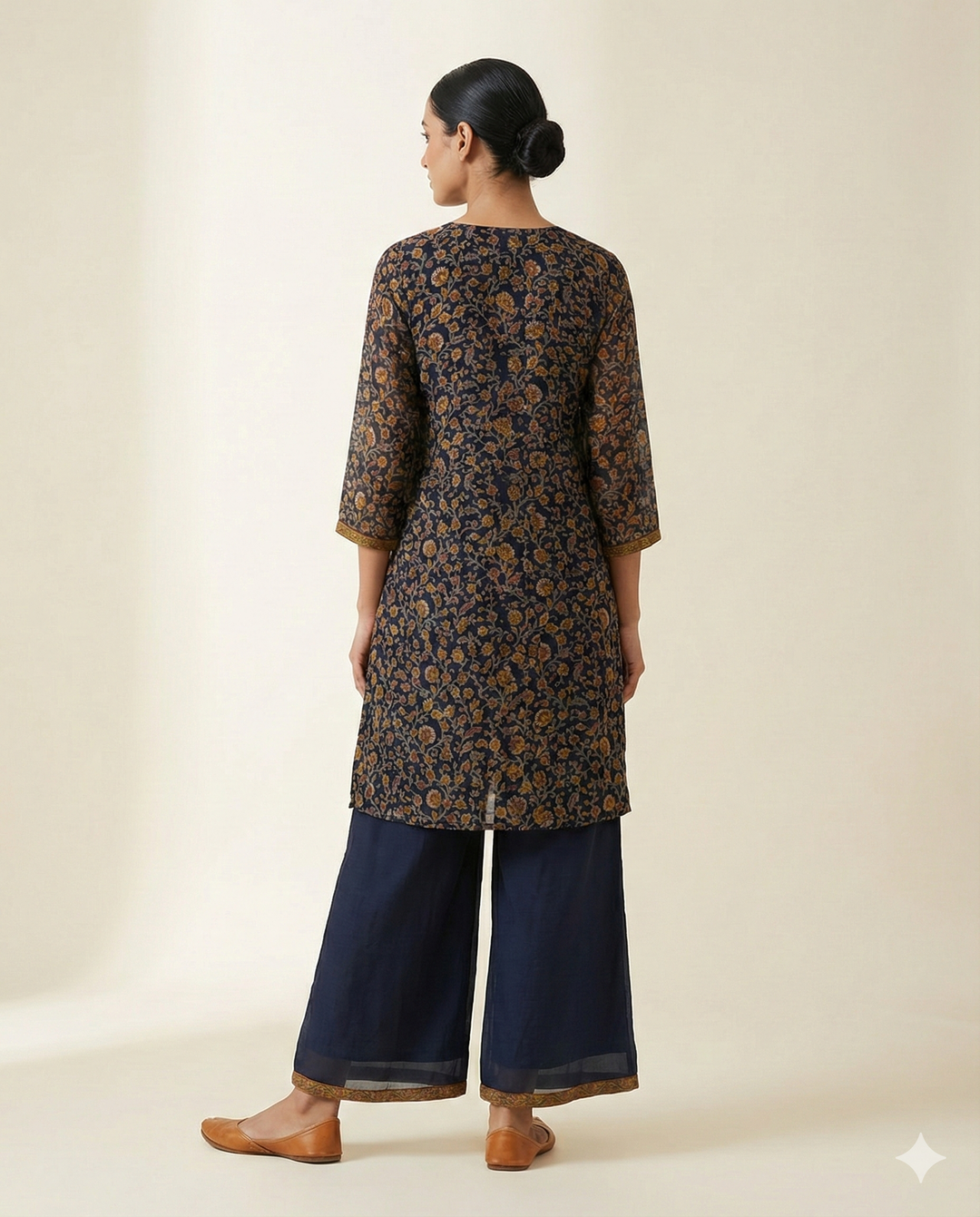 Navy Blue &amp; Ochre Floral Rayon V-Neck Tunic with Palazzo Set