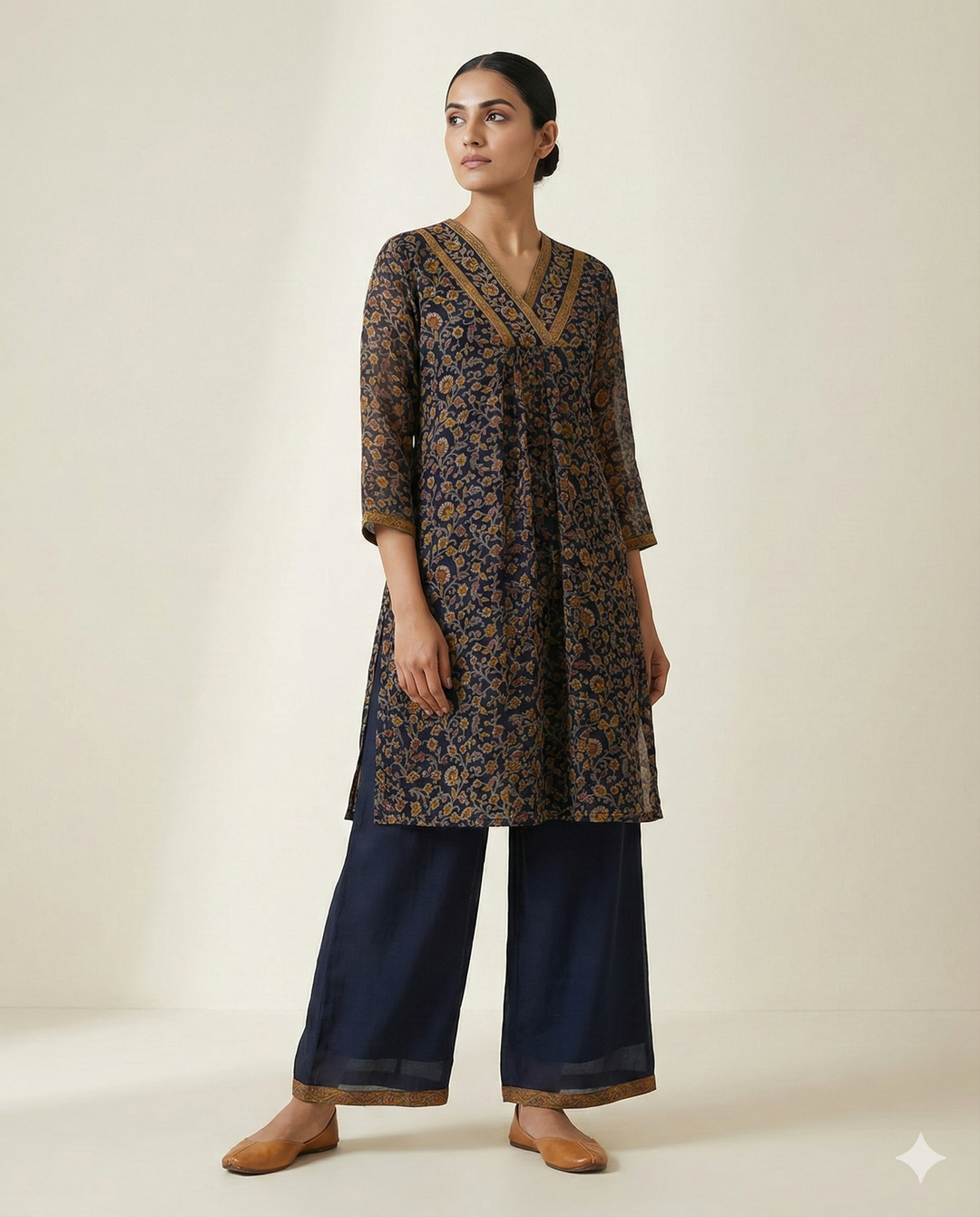 Navy Blue &amp; Ochre Floral Rayon V-Neck Tunic with Palazzo Set