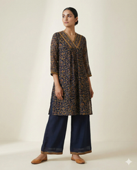 Navy Blue & Ochre Floral Rayon V-Neck Tunic with Palazzo Set 3
