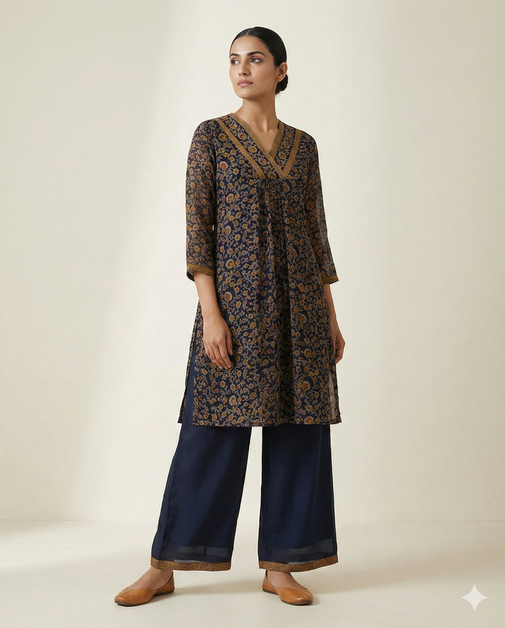Navy Blue &amp; Ochre Floral Rayon V-Neck Tunic with Palazzo Set