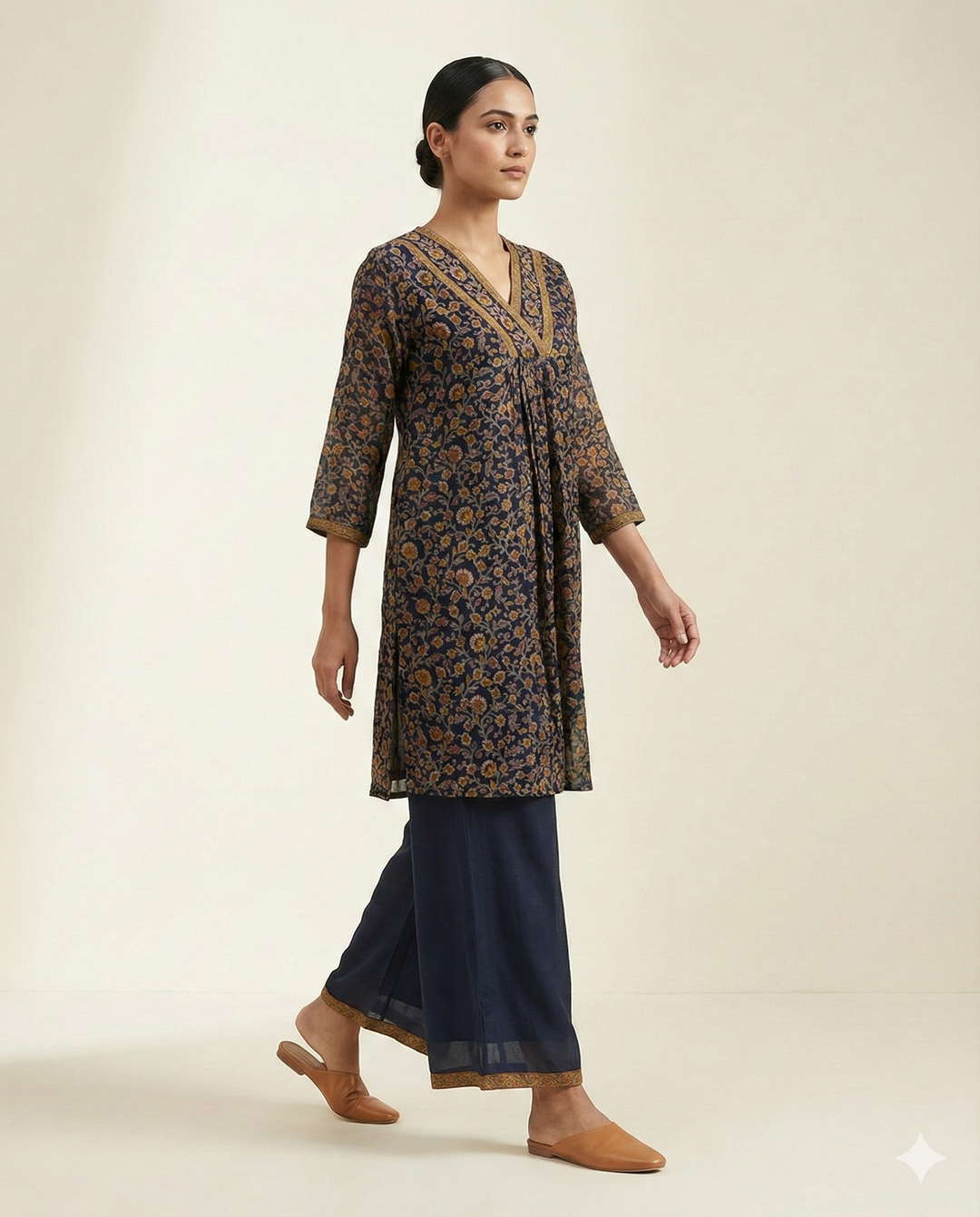 Navy Blue &amp; Ochre Floral Rayon V-Neck Tunic with Palazzo Set