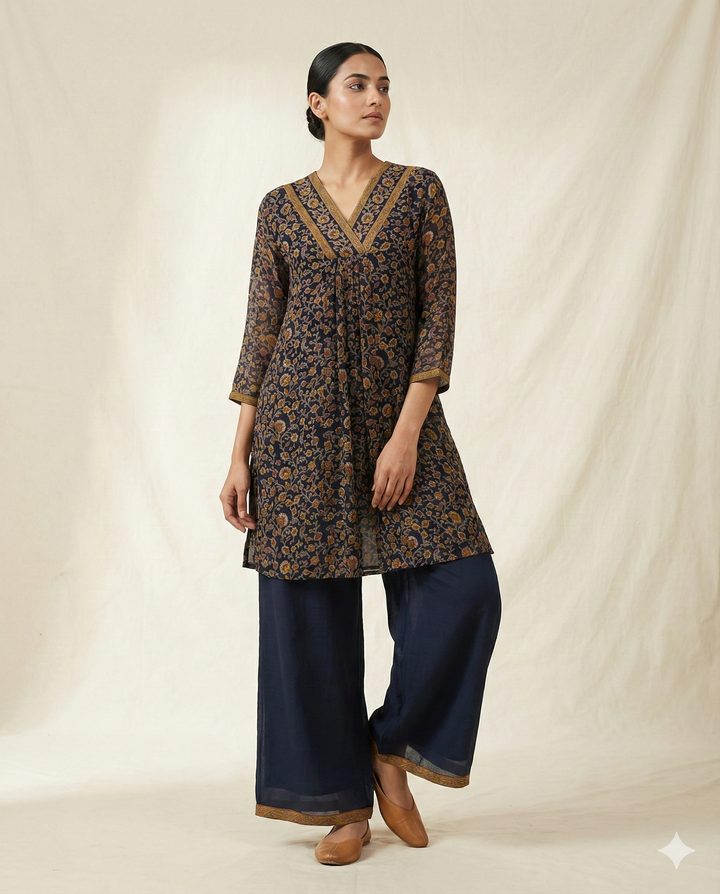 Navy Blue &amp; Ochre Floral Rayon V-Neck Tunic with Palazzo Set