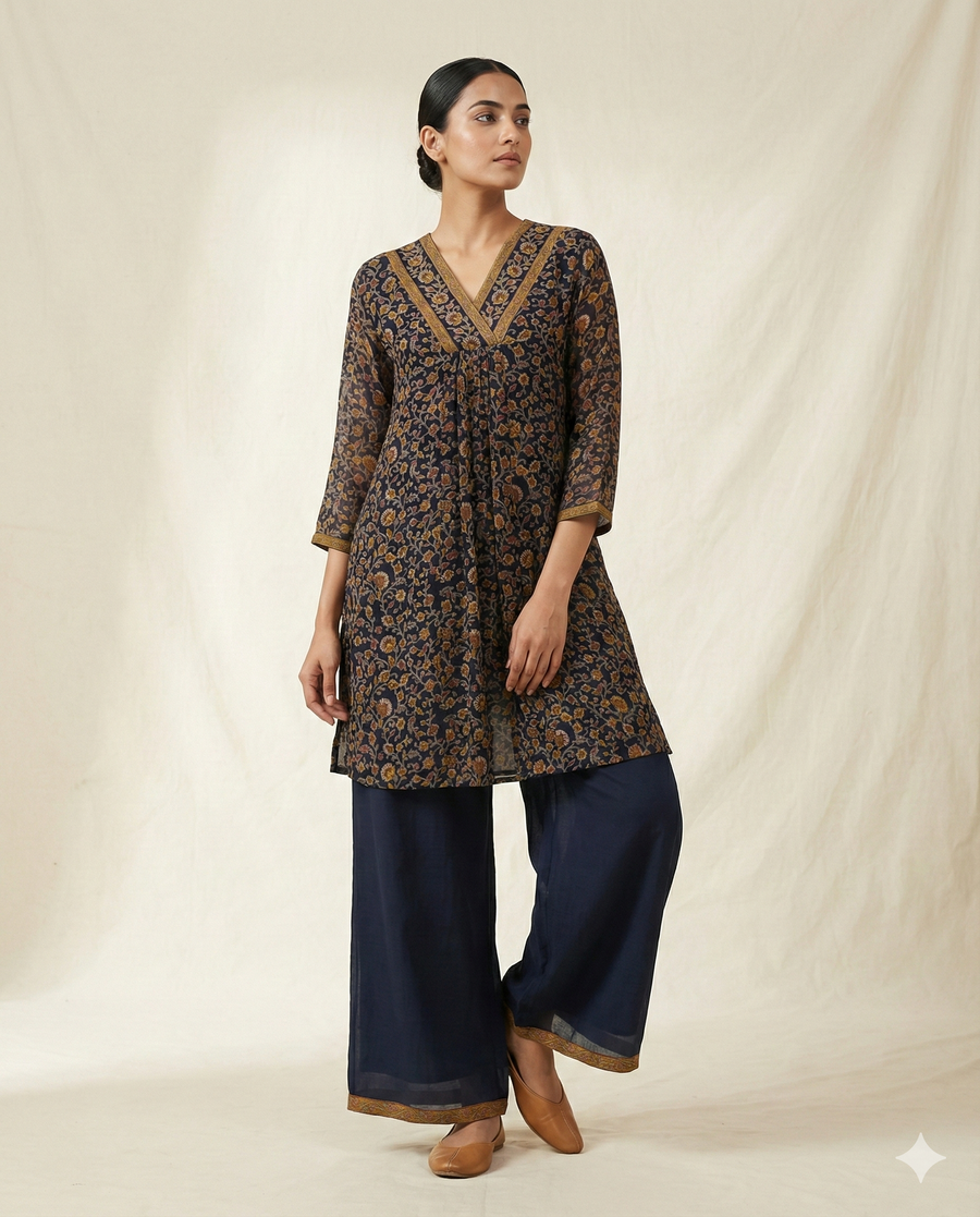 Navy Blue & Ochre Floral Rayon V-Neck Tunic with Palazzo Set