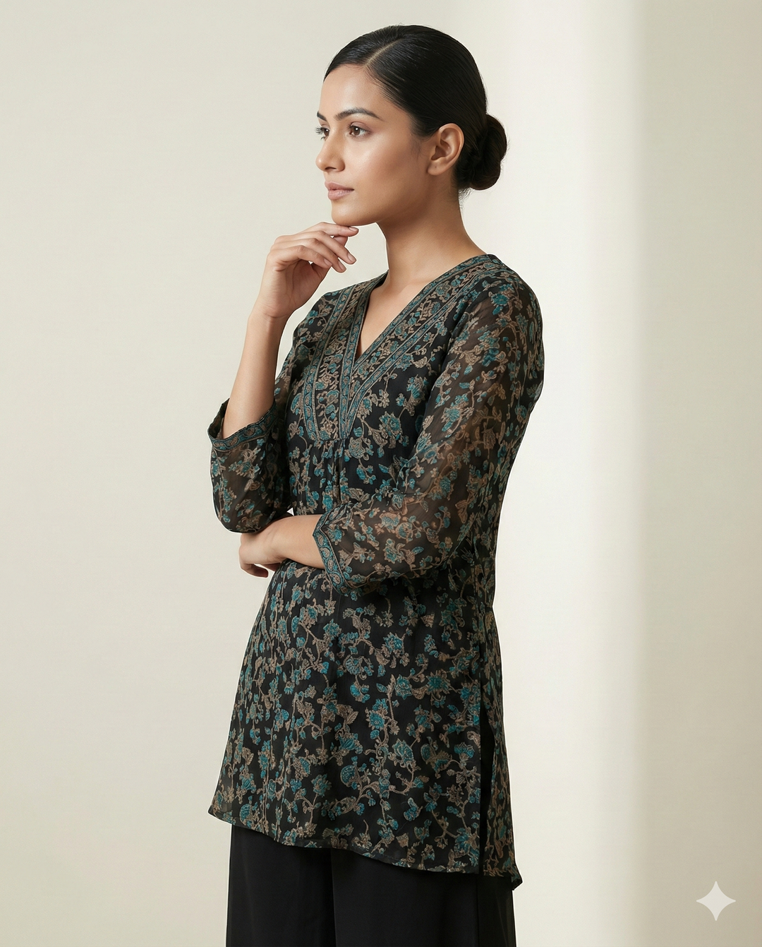 Black &amp; Teal Floral Printed Rayon V-Neck Tunic with Palazzo Set