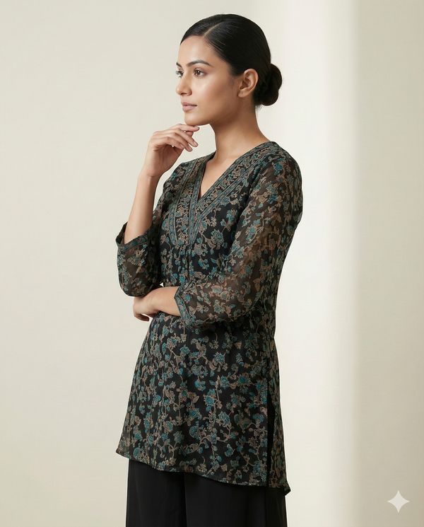 Black & Teal Floral Printed Rayon V-Neck Tunic with Palazzo Set