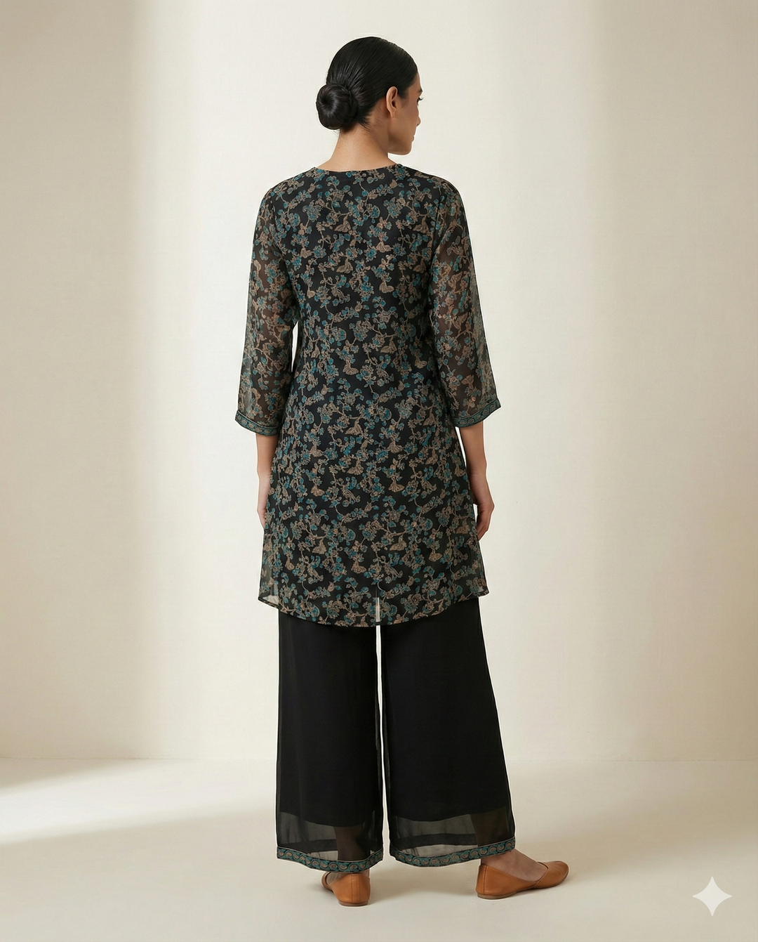Black &amp; Teal Floral Printed Rayon V-Neck Tunic with Palazzo Set