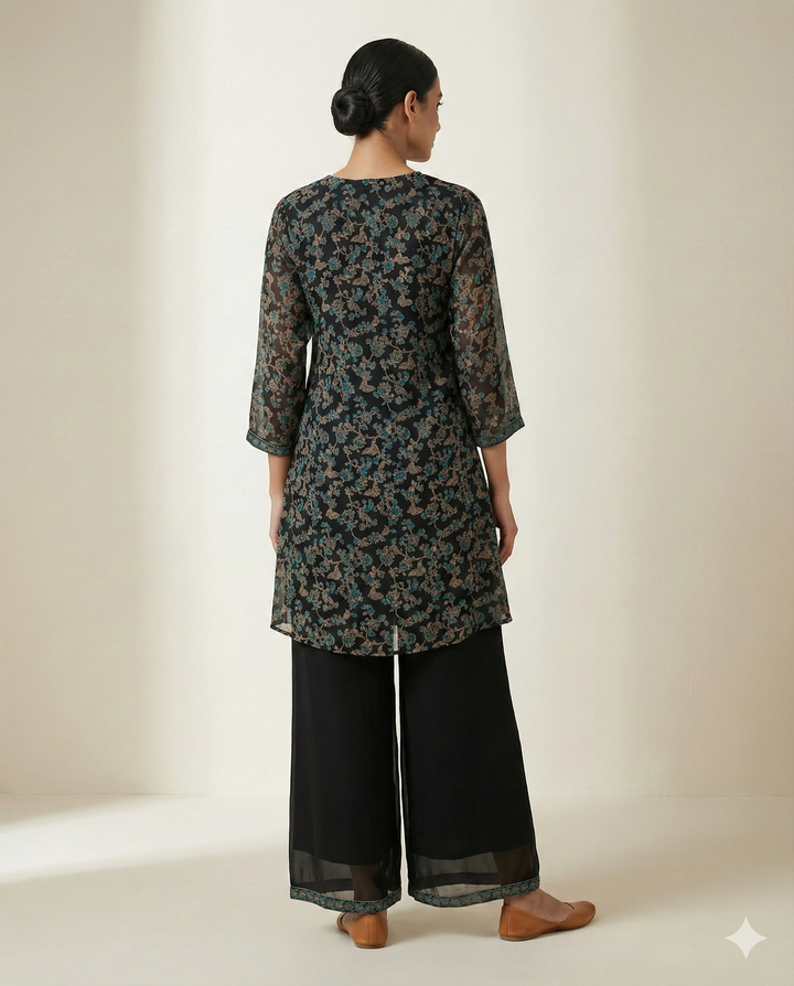 Black &amp; Teal Floral Printed Rayon V-Neck Tunic with Palazzo Set