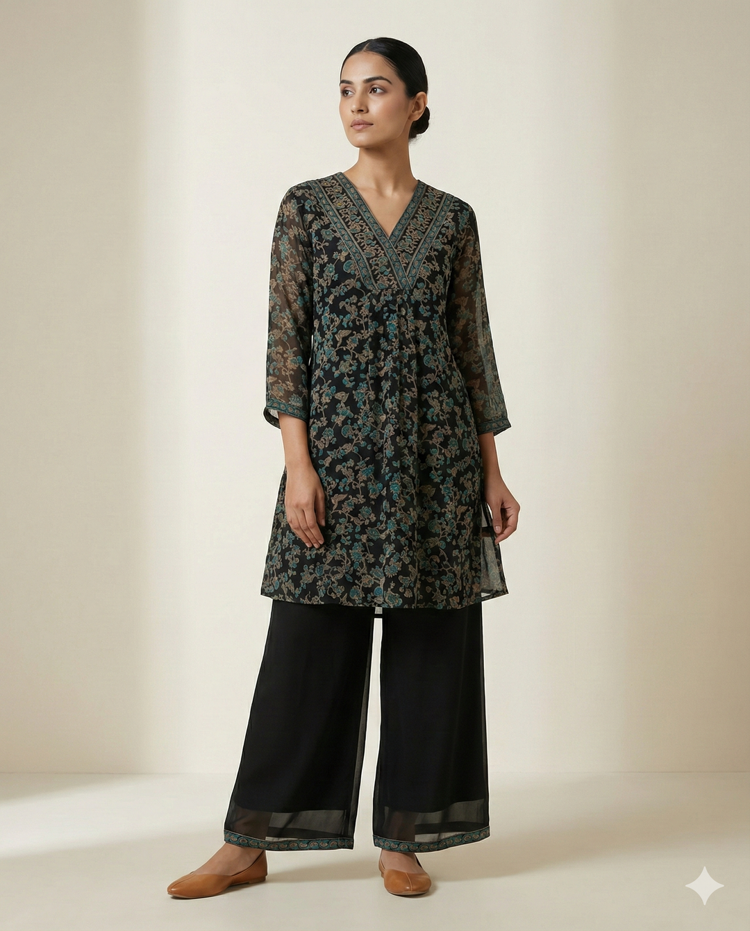 Black &amp; Teal Floral Printed Rayon V-Neck Tunic with Palazzo Set