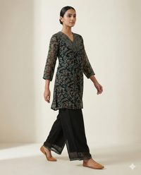 Black & Teal Floral Printed Rayon V-Neck Tunic with Palazzo Set 4