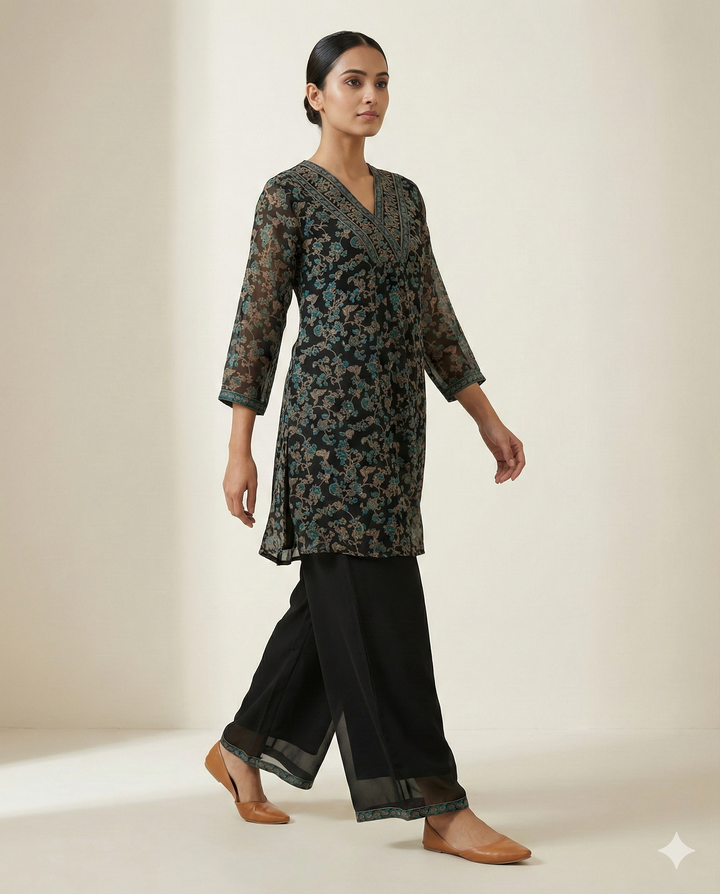 Black &amp; Teal Floral Printed Rayon V-Neck Tunic with Palazzo Set
