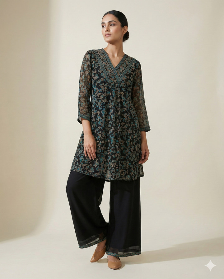 Black &amp; Teal Floral Printed Rayon V-Neck Tunic with Palazzo Set