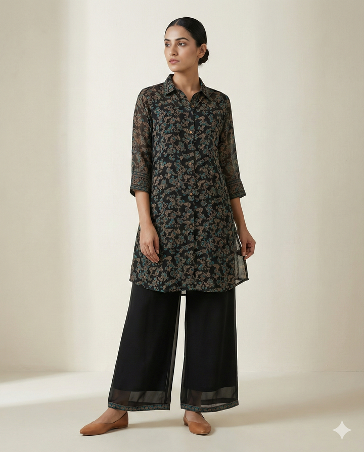 Black &amp; Teal Floral Printed Rayon Tunic with Wide-Leg Palazzo Set