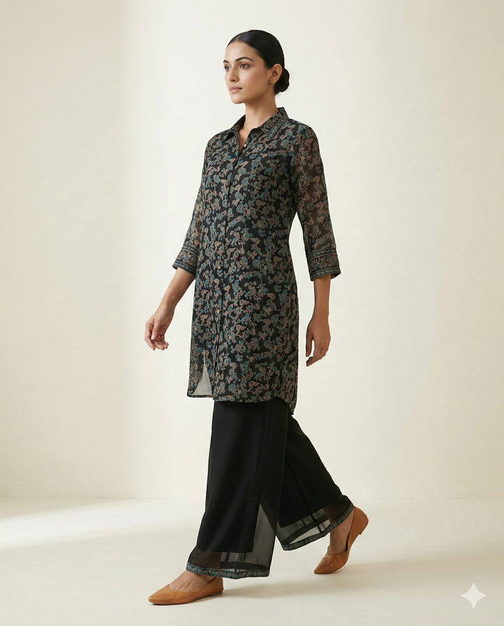 Black &amp; Teal Floral Printed Rayon Tunic with Wide-Leg Palazzo Set