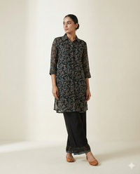 Black & Teal Floral Printed Rayon Tunic with Wide-Leg Palazzo Set 3