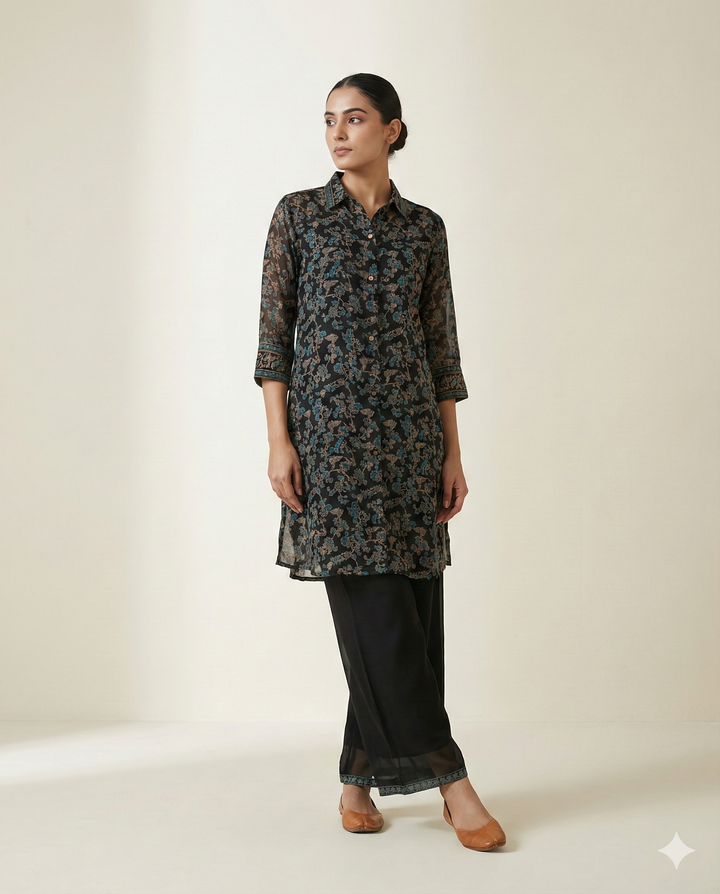 Black &amp; Teal Floral Printed Rayon Tunic with Wide-Leg Palazzo Set