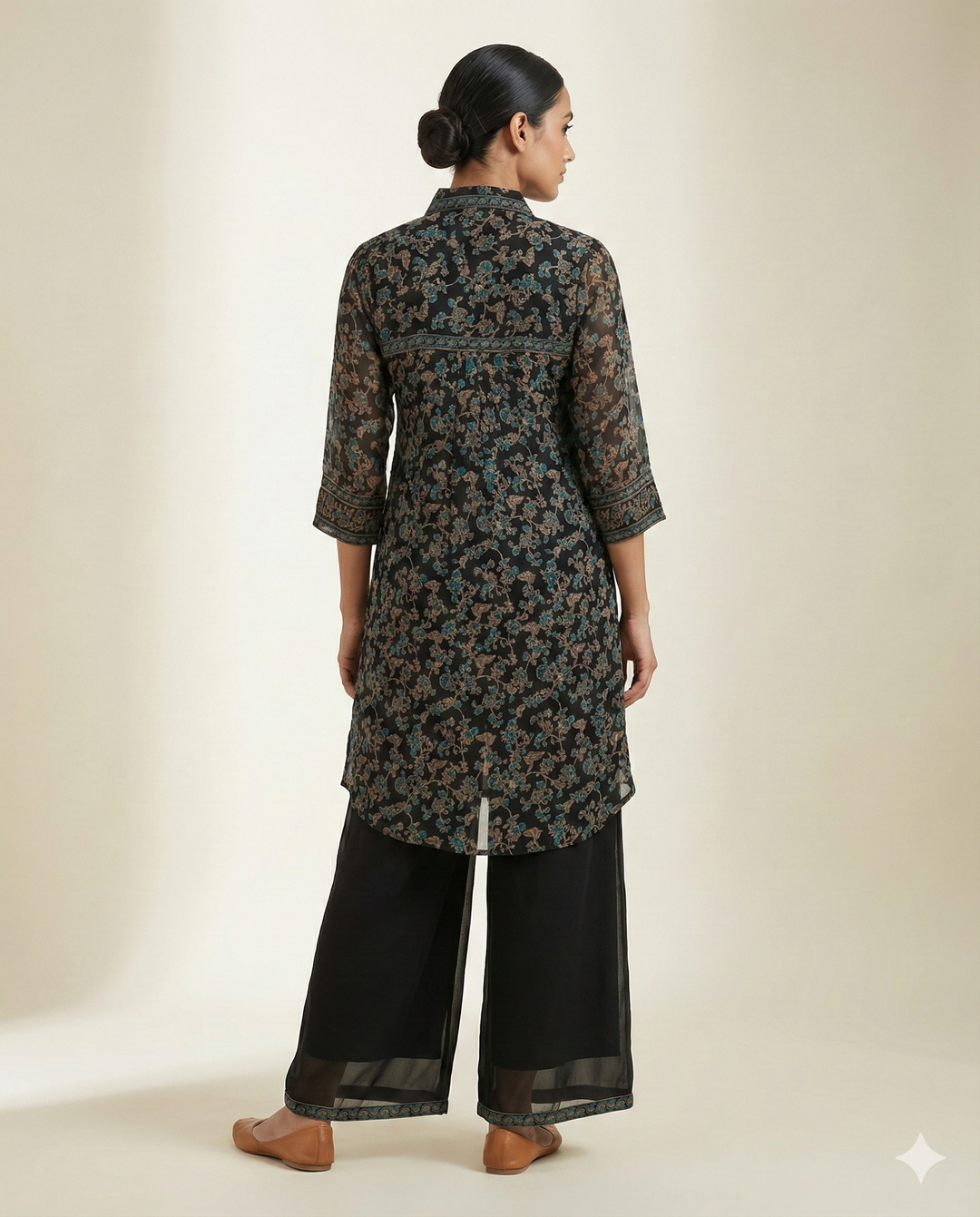 Black &amp; Teal Floral Printed Rayon Tunic with Wide-Leg Palazzo Set