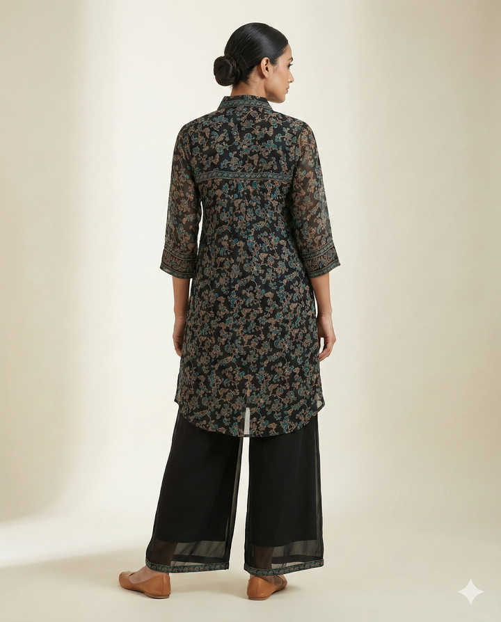 Black &amp; Teal Floral Printed Rayon Tunic with Wide-Leg Palazzo Set