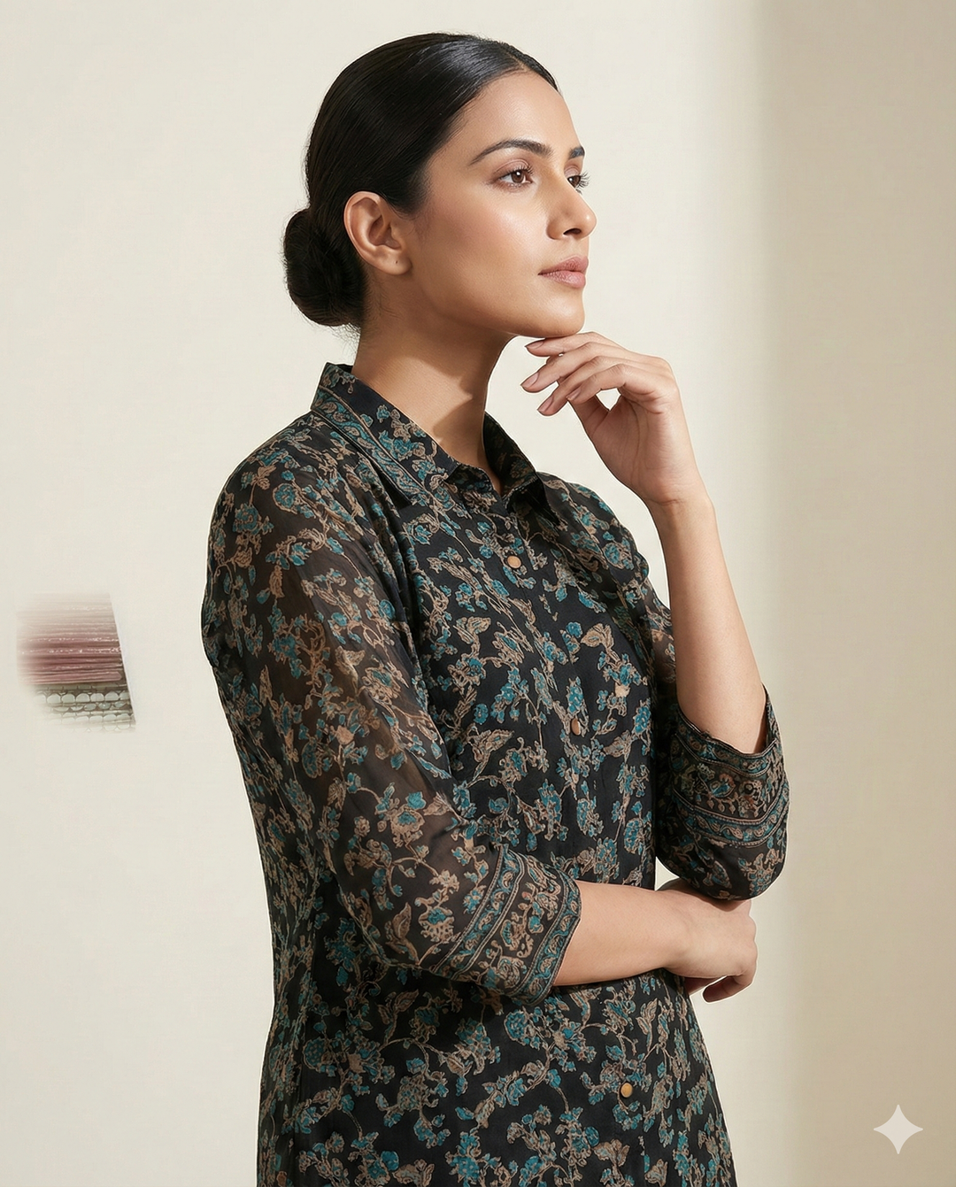 Black &amp; Teal Floral Printed Rayon Tunic with Wide-Leg Palazzo Set