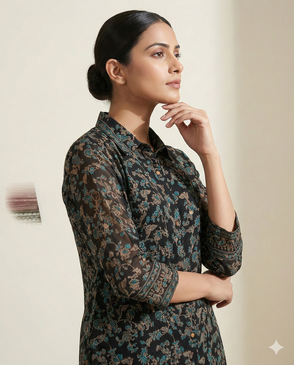 Black & Teal Floral Printed Rayon Tunic with Wide-Leg Palazzo Set