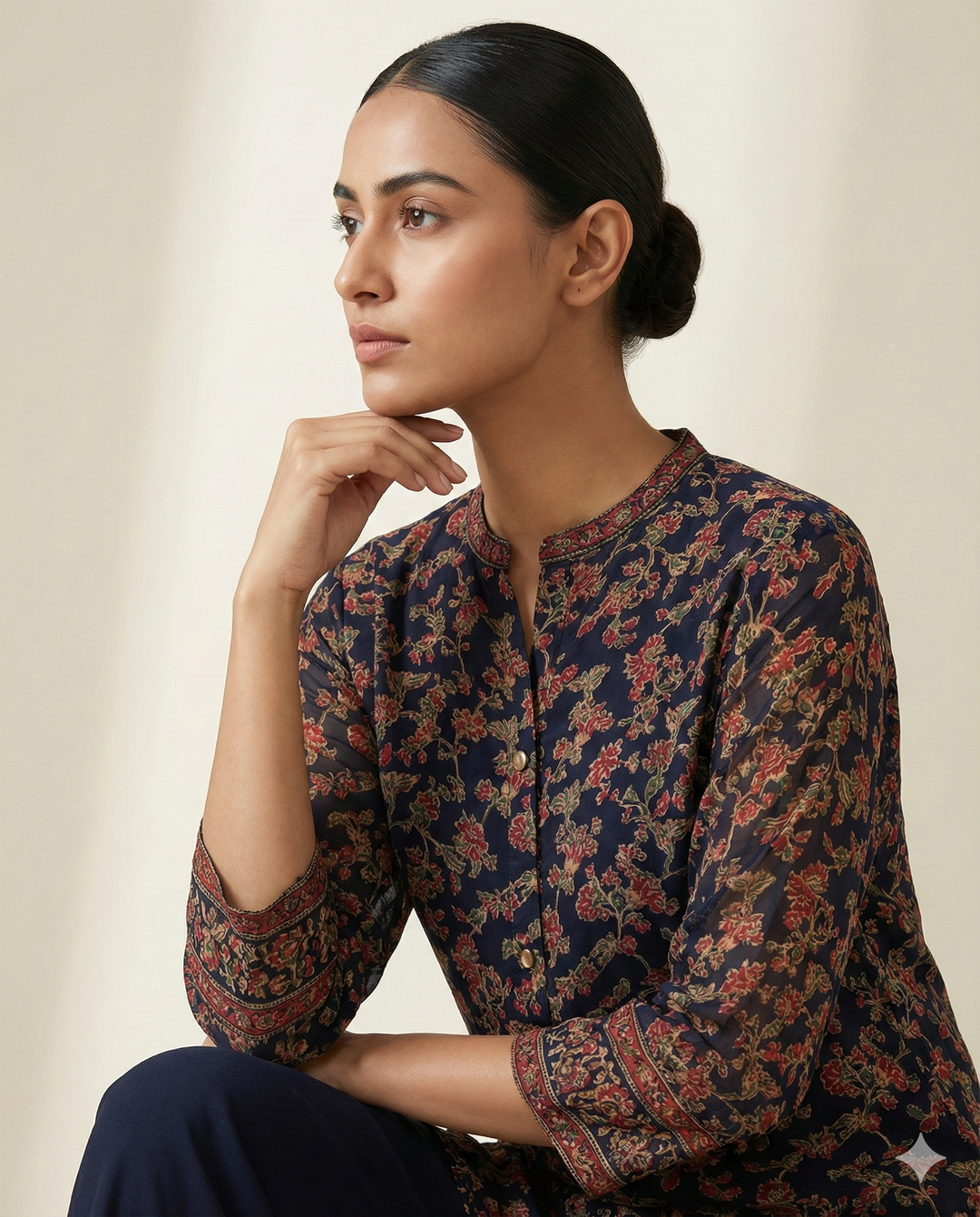 Navy Blue Floral Printed Rayon 2-Piece Tunic &amp; Straight Pant Set