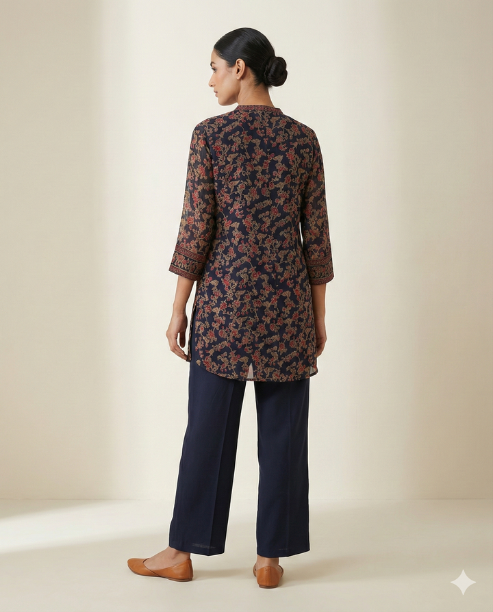 Navy Blue Floral Printed Rayon 2-Piece Tunic &amp; Straight Pant Set