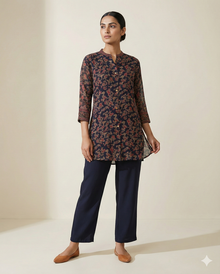 Navy Blue Floral Printed Rayon 2-Piece Tunic &amp; Straight Pant Set