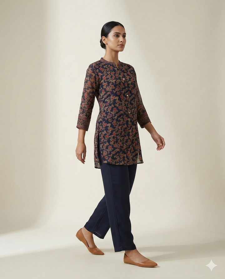 Navy Blue Floral Printed Rayon 2-Piece Tunic &amp; Straight Pant Set