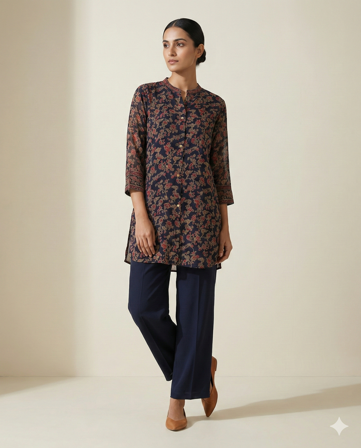 Navy Blue Floral Printed Rayon 2-Piece Tunic &amp; Straight Pant Set