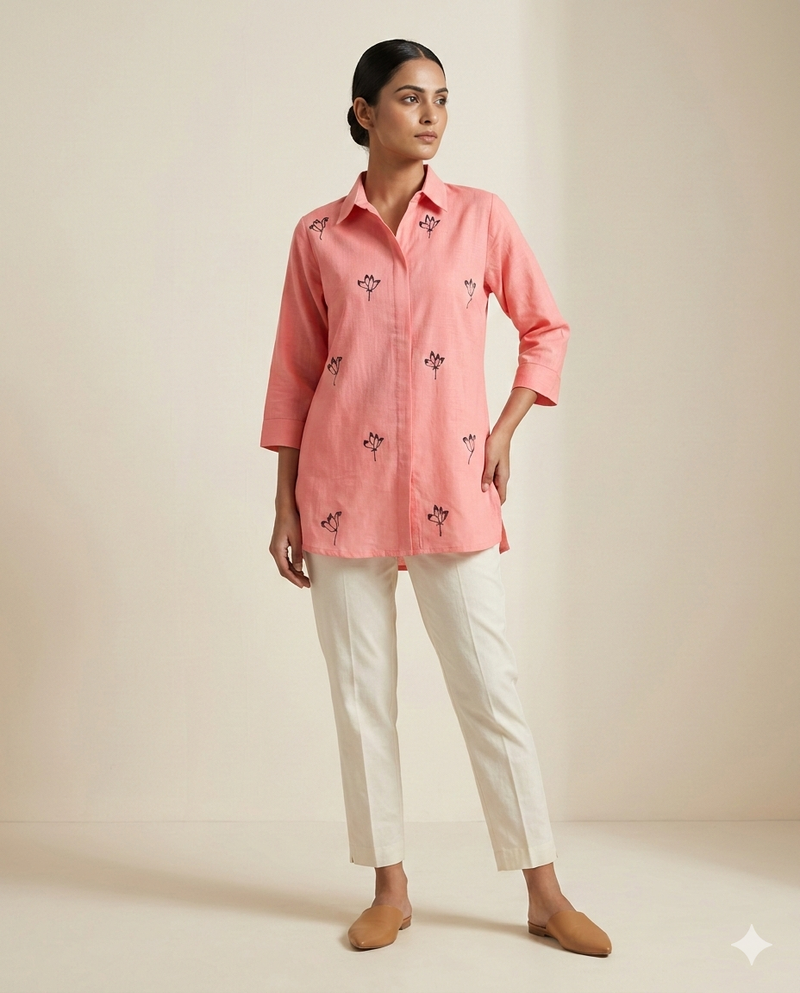 Peach Minimalist "Ink-Bud" Embroidered Rayon Short Kurti Shirt