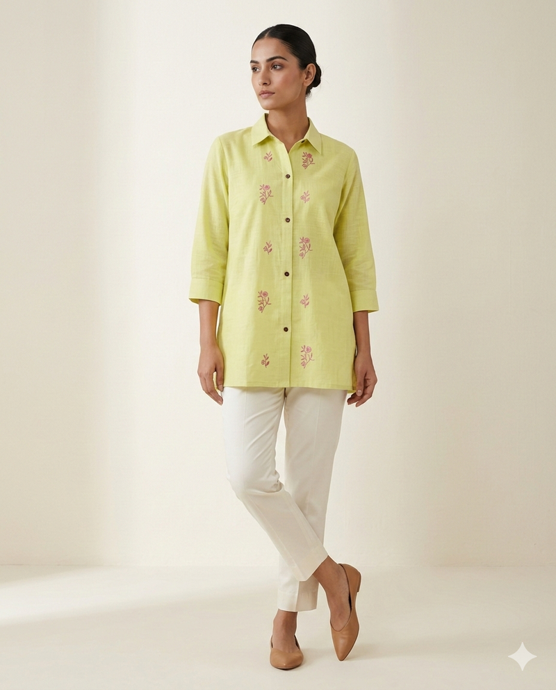 Citron Lime "Dainty Bloom" Embroidered Rayon Short Kurti Shirt