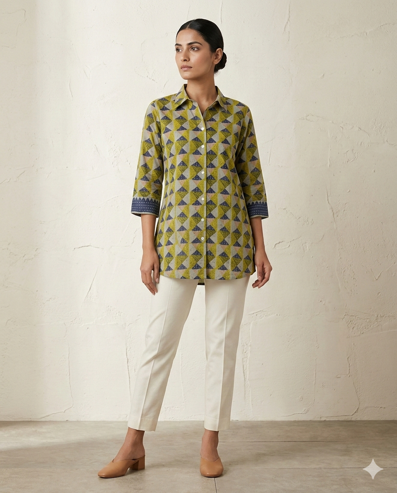 Sage Green "Wildflower Meadow" Embroidered Rayon Short Kurti Shirt